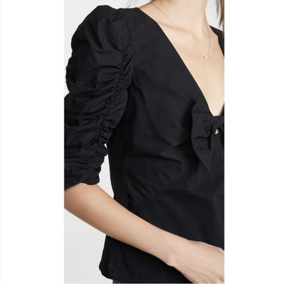 LA VIE REBECCA TAYLOR Poplin Blouse Black Ruched Sleeve V-Neck Bow - Picture 4 of 12